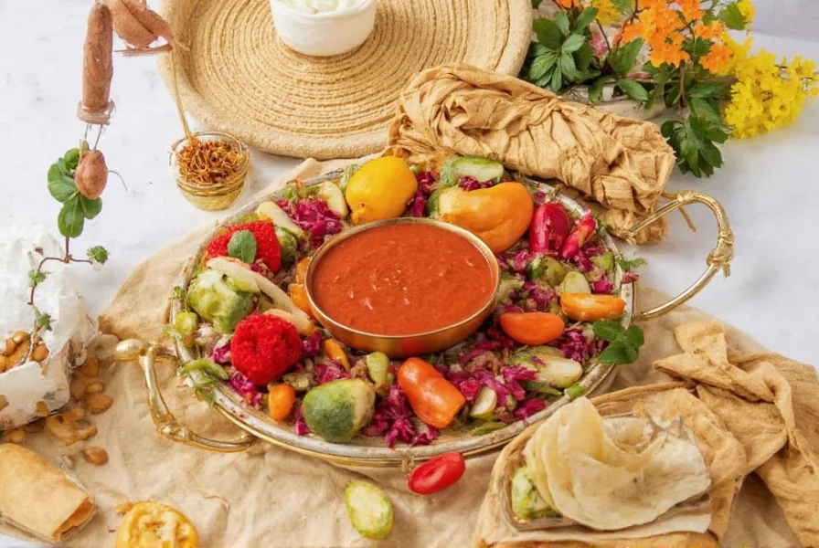 Diverse group of people sharing saffron-infused dishes at an international food festival