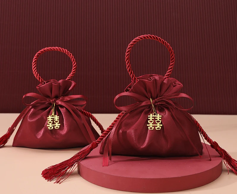 

Red satin jewellery gift party candy wedding packaging bag drawstring cord ribbon pouch