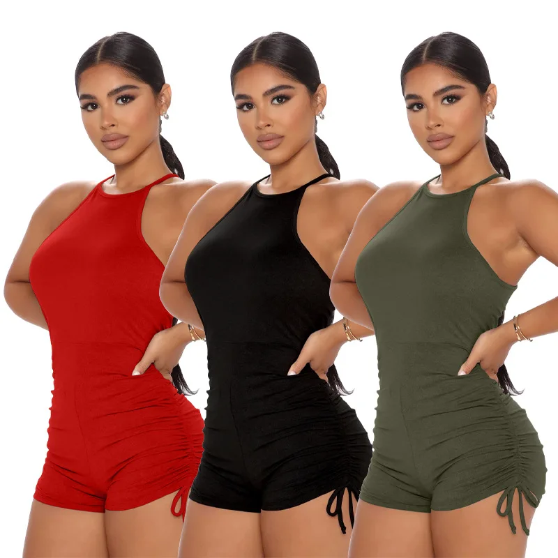 

TOB summer sexy sleeveless one piece jumpsuit ladies high waist solid color drawstring halter short romper BK164