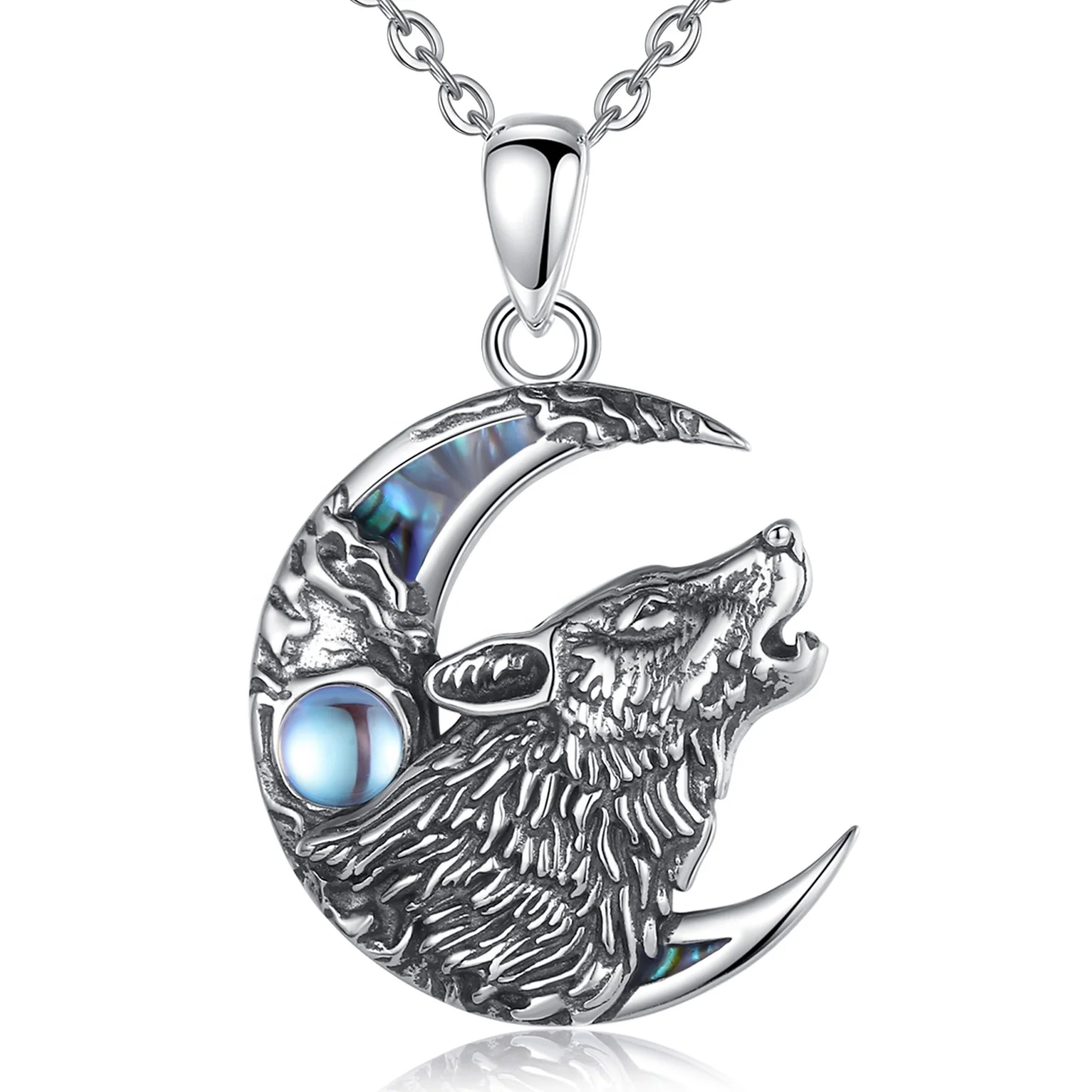 

Merryshine vintage design 925 sterling silver abalone shell moonstone moon and wolf head necklace for men