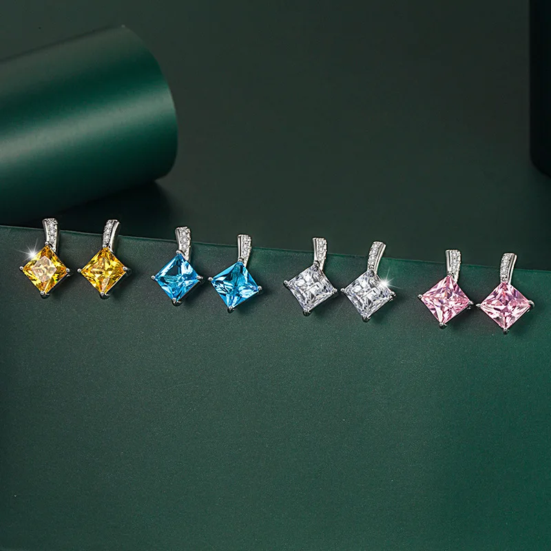 

S925 Silver Needle Micro-inlaid Yellow Diamond Princess Kan Earrings Color Treasure Pink Diamond Earrings