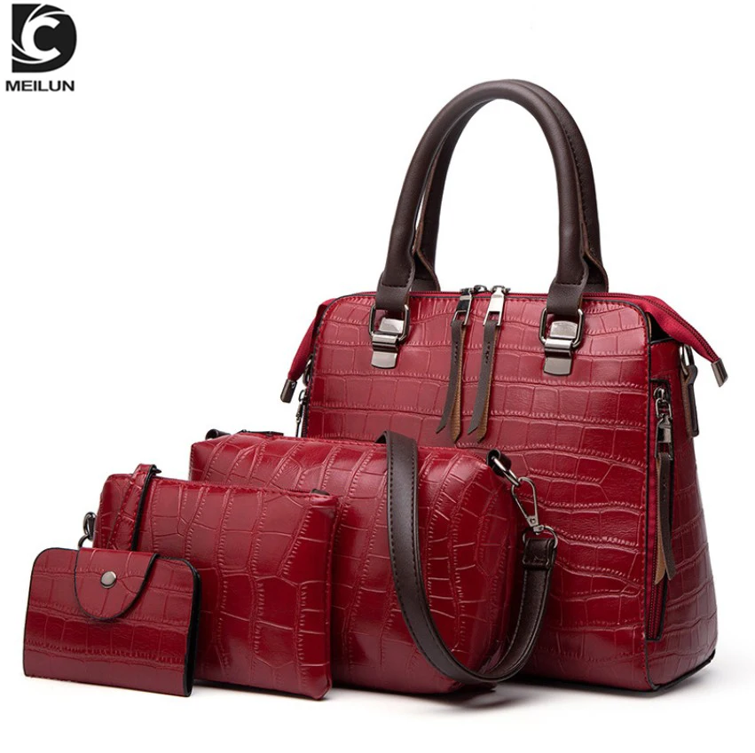 

Wholesale luxurious women handbag 4 pieces handbag sets croco tote bags low price, Black / red / blue