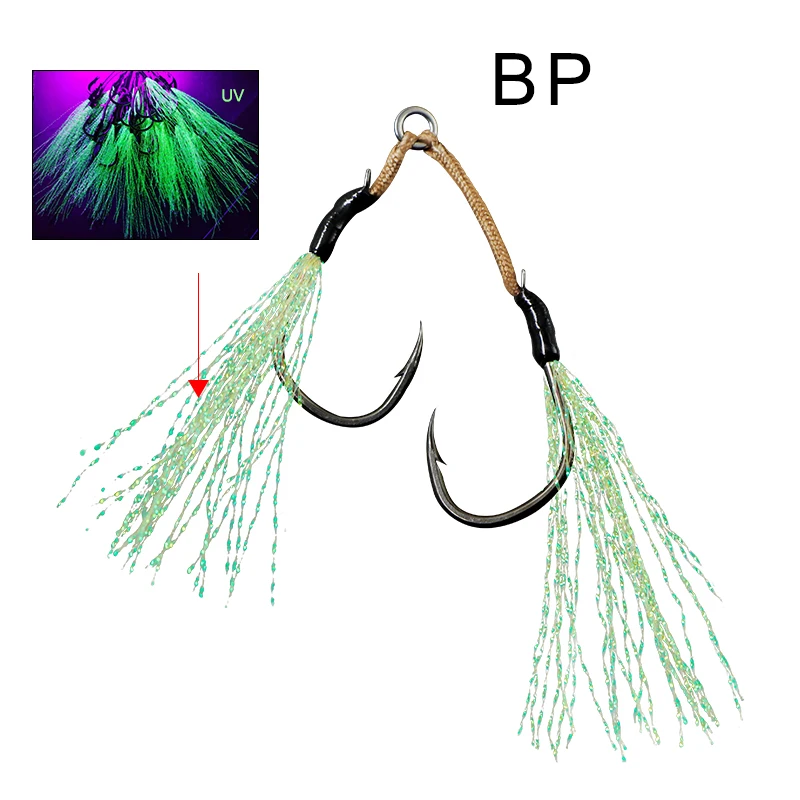 

BP Series Luminous MAGIC TINSEL Slow Jigging Double Assist Hooks Black Hooks For Jig Lure Sea Fishing Hooks
