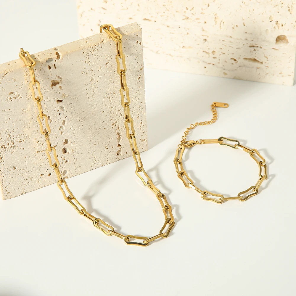 

New Design 18K Gold Plated Stainless Steel U Shape Paper Clip Chain Women Jewelry Set For Women
