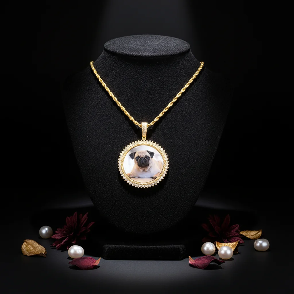 Custom Rhodium Plated Brass Zircon-Trimmed Memory Gift Circle Photo Picture Classic Trendy Charms Pendant Necklace Anniversary