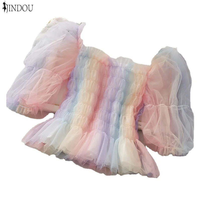 

2021 Summer Tie Dye Clothes Cute Mesh Sheer Crop Top Puff Sleeve Ruched off Shoulder Elegant blouse Party Women T Shirt, Picture color