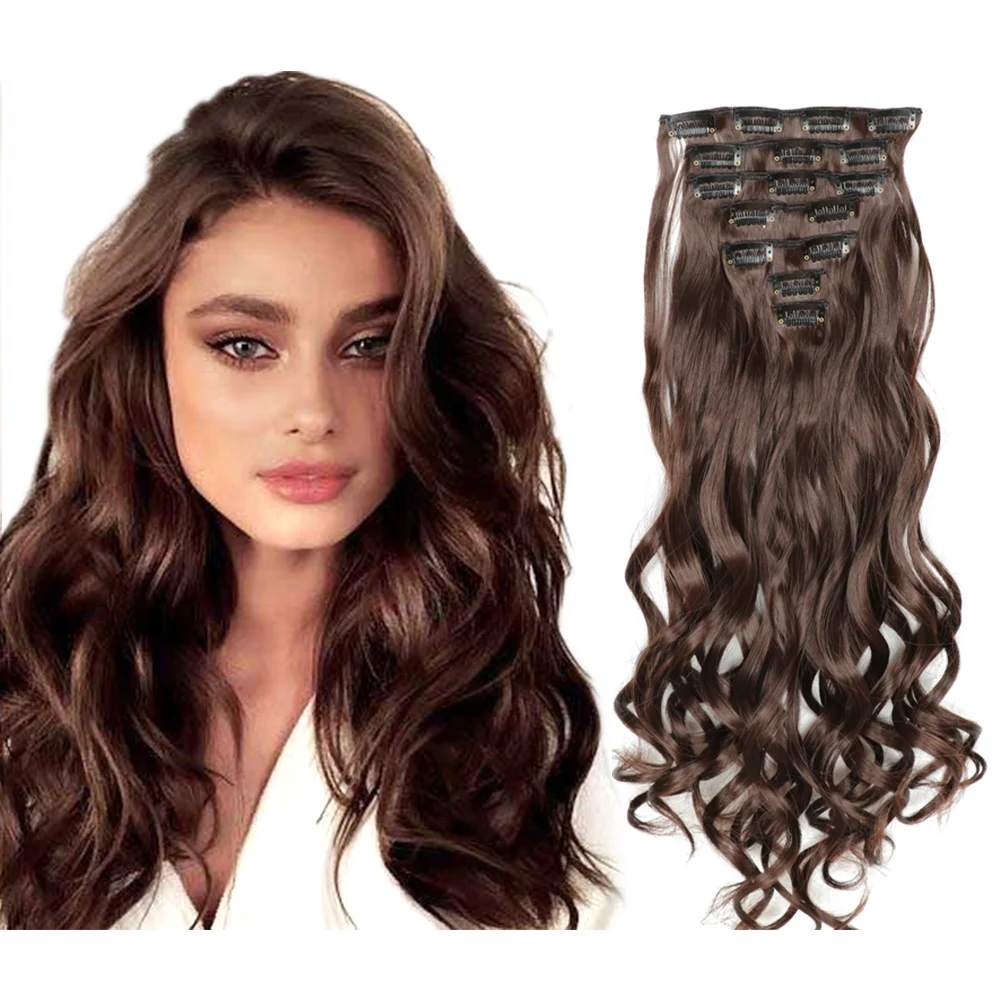 

Wholesale Deep-Brown Ombre Clip-on Hair Extensions Long Curl Wavy High Resistant Synthetic Clip In Hair Extension For Women