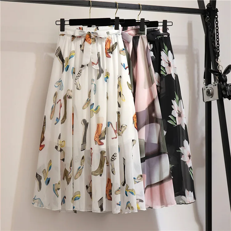 

Women Summer Skirts 2022 Vintage Printed Chiffon A-Link Skirt Bohemian Bow Waist Casual Holiday Beach Midi Skirt With Lining New