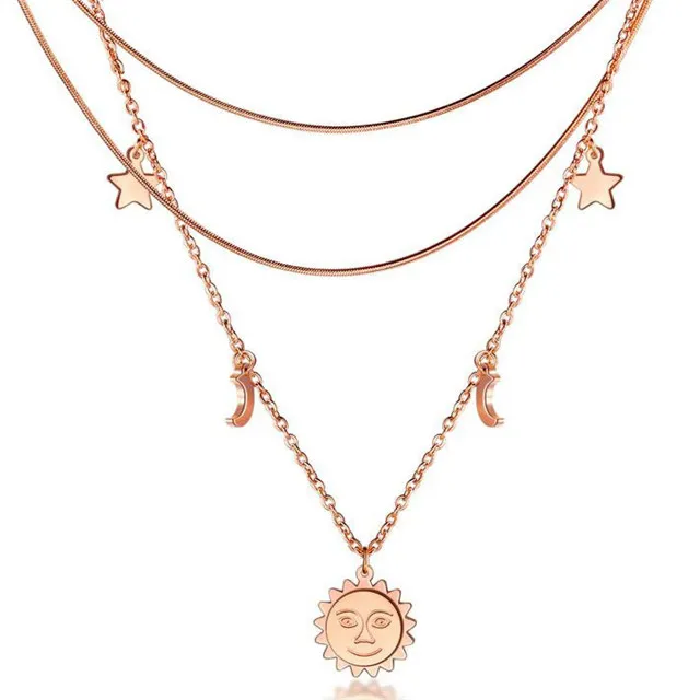 

Fashion new design multi layer sun and moon stainless steel rose gold choker necklace for women