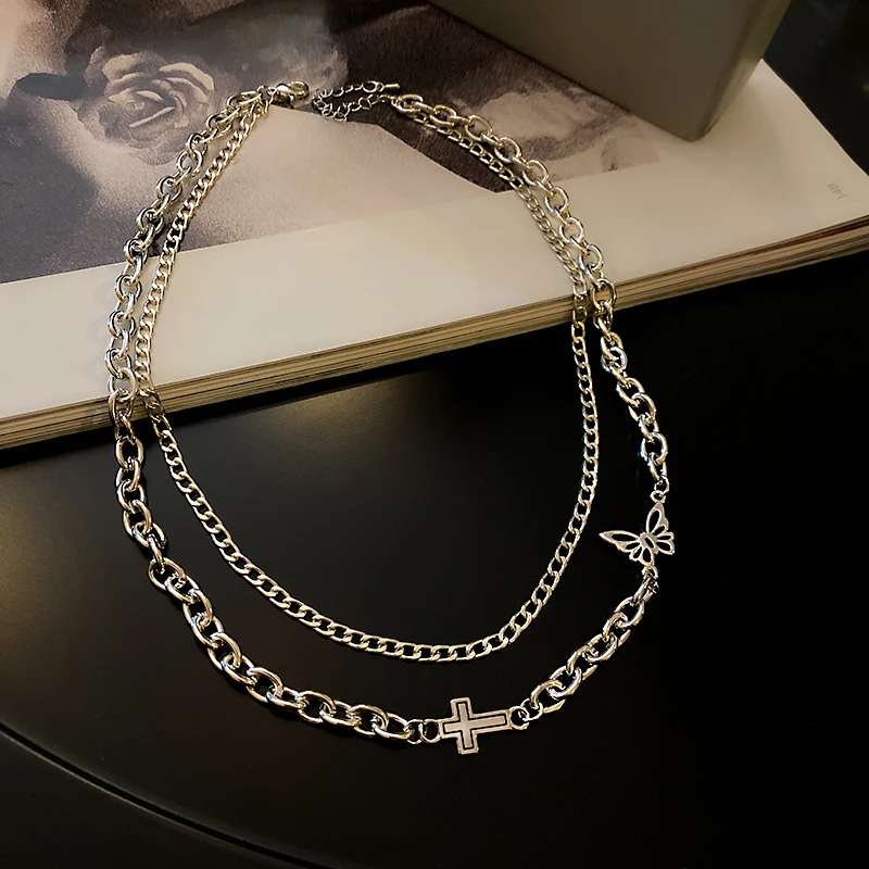 

fashion trendy butterfly two layered cross pendant necklace