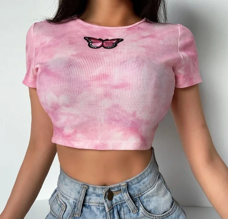 

zss096 Tie-dye printed short-sleeved embroidered T-shirt for women's wear