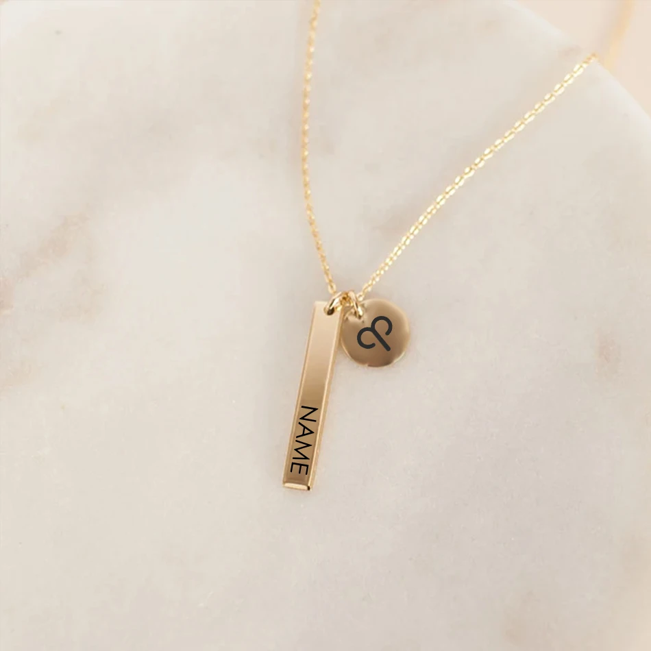 

eManco Engraved Personalized 14K Gold Plated Necklace Stainless Steel Chain Custom Name Letter Bar Disc Necklace Women