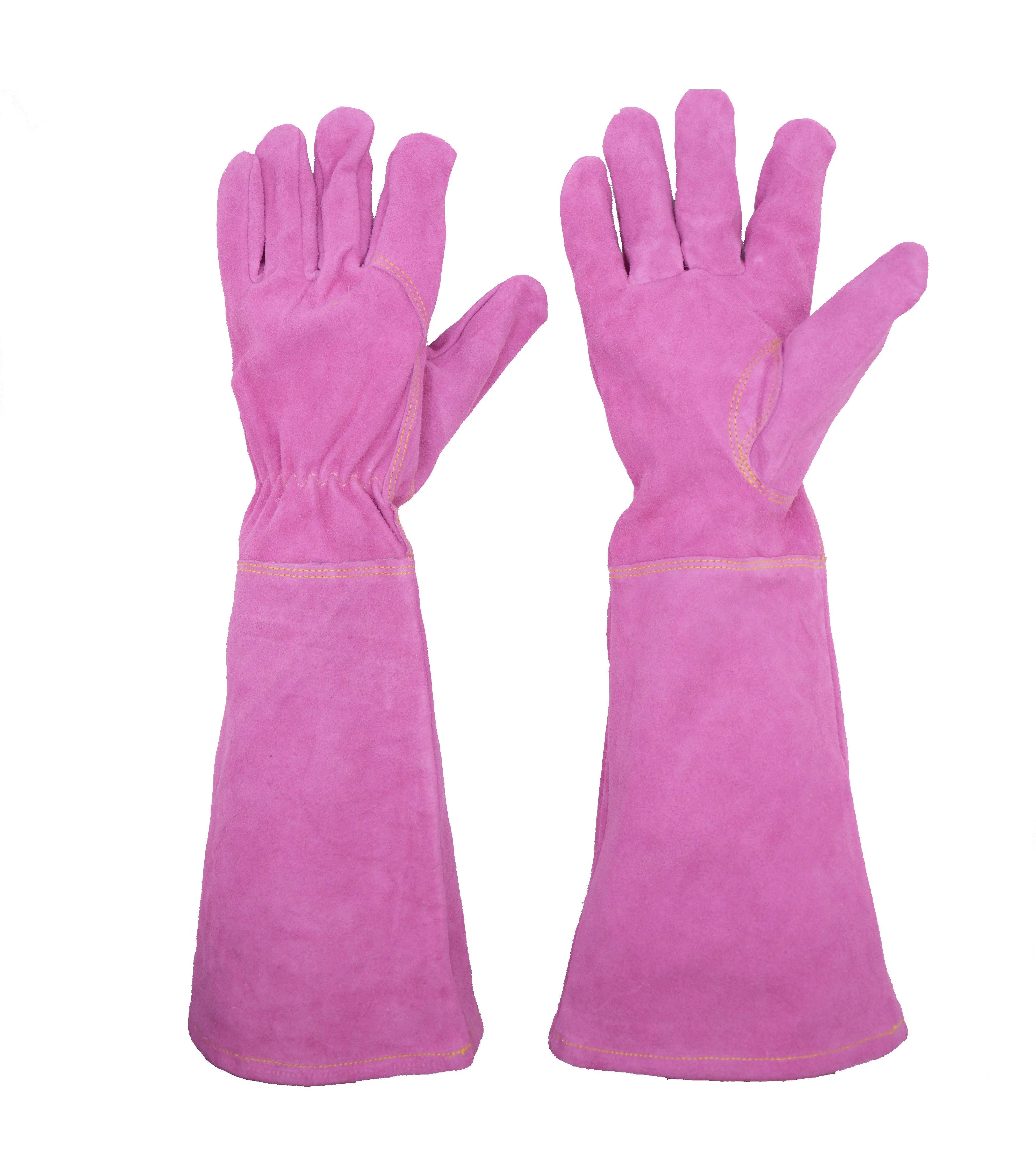 

PRI pink long cuff cowhide leather women work garden gloves