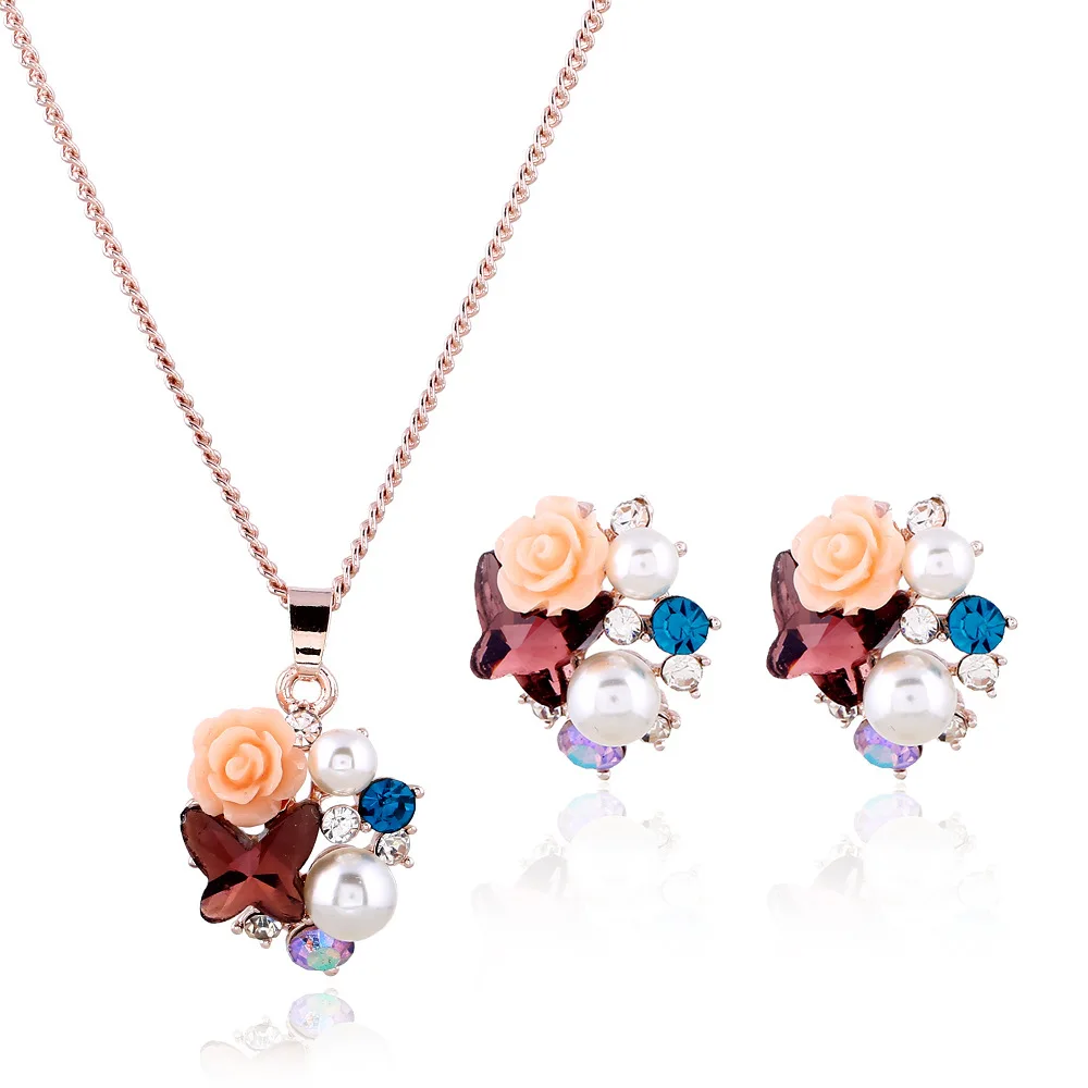 

2021 Hotsale Design Resin Rose Bridal Jewelry Sets Crystal Rhinestone Butterfly Necklace Set For Wedding