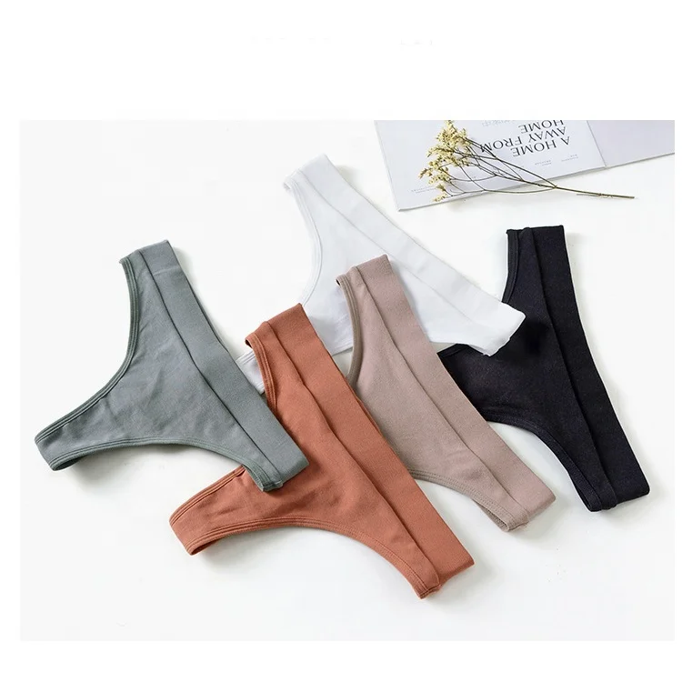 

8R133 Small MOQ Low waist thongs women high fork Cotton Rib female lingeries Sexy breathable women's thong, Black/white/brown/moss green