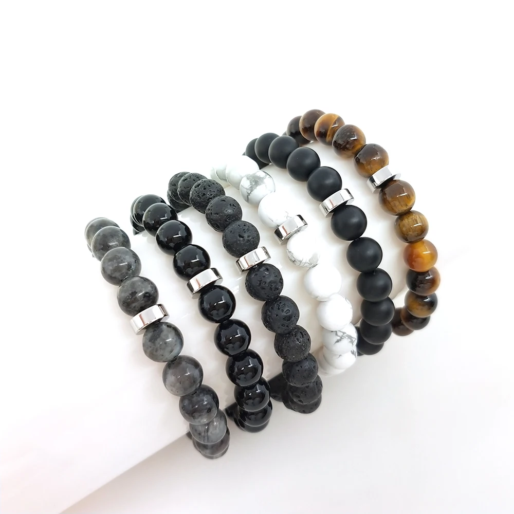 

New Arrived Hot Selling Wholesale Custom Magnet Charm 8mm Beads Stretch Natural Stone Lava Bead Bracelet For Couple