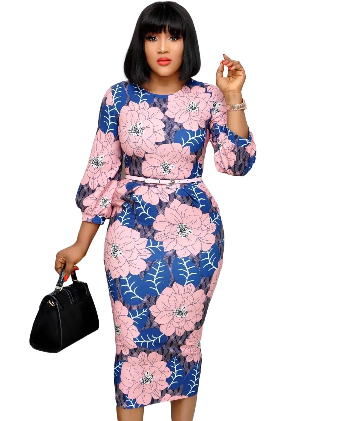 

African Women's Round Neck Printed Fashion Sexy Dress With Belt Midi Floral Pink Dress