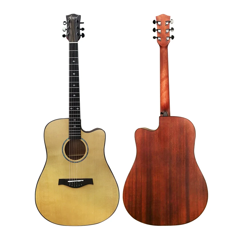

OEM ODM solid spruce top handmade folk dreadnaught acoustic guitar custom musical instruments from China Aiersi factory, Natrual