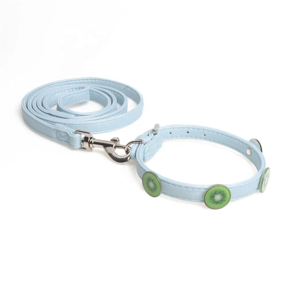 

Soft Wear Resistant Pu Fruit Pattern Dog Collars And Leash Dog Leash Pet Collars For Sets Sale, Blue and pink and purple and beige and black