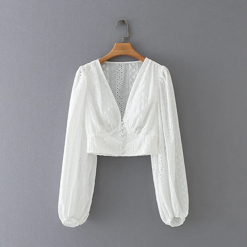 

CS822 European Design Hollow Out Embroidery long Sleeve Blouse Women Basic Short Crop Tops Clothing