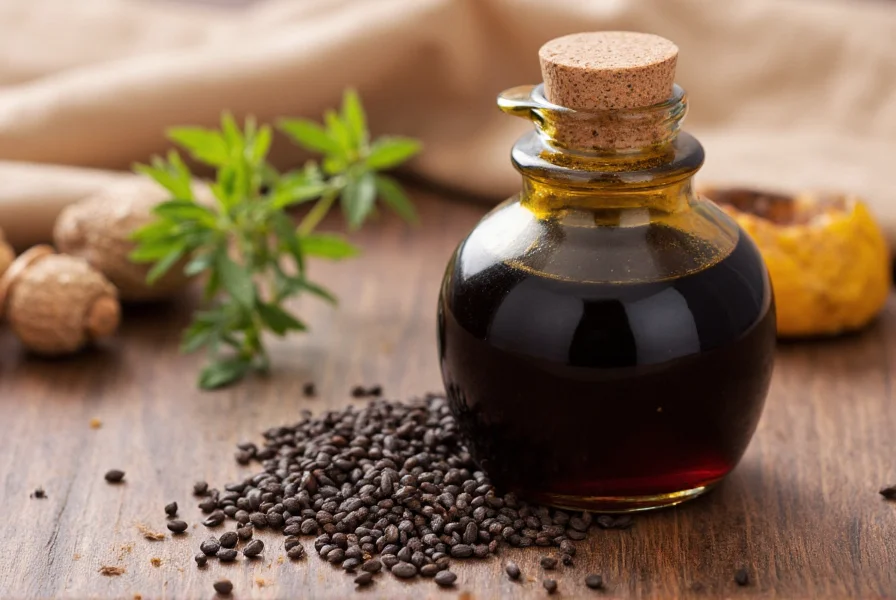 Close-up view of cold pressed black cumin oil in dark glass bottle with black cumin seeds scattered around