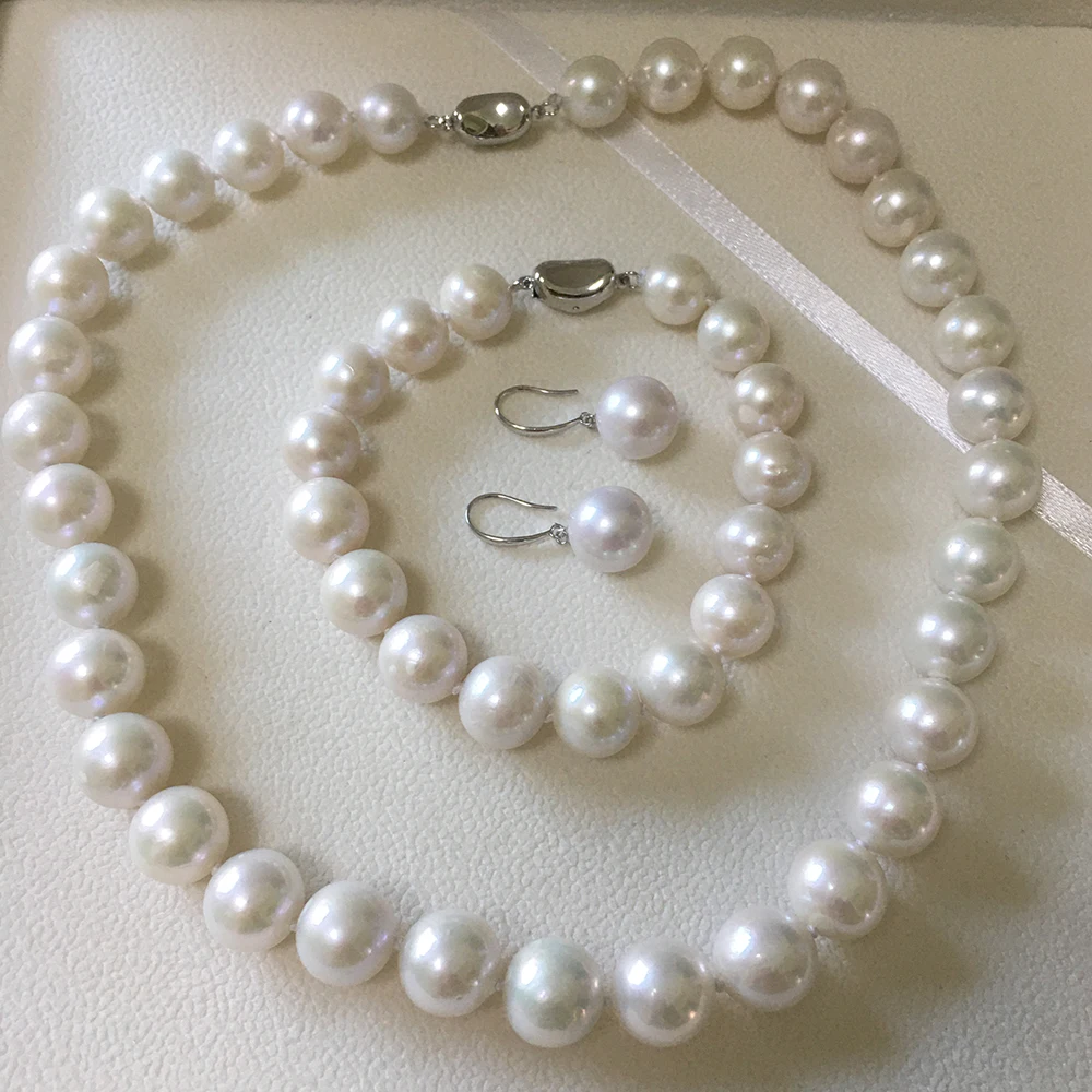 Good quality natural pearl jewelry set16 inch necklace bracelet and 925 silver earring9-11 mm round freshwater pearl jewelry