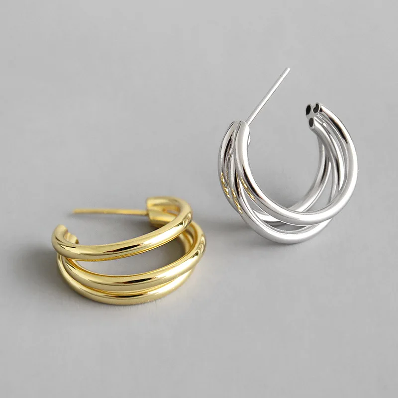 

High Quality 925 Sterling Silver Triple Tube Round Hoop Earrings Silver Gold Plating Multi Layer Circle Hoop Earring