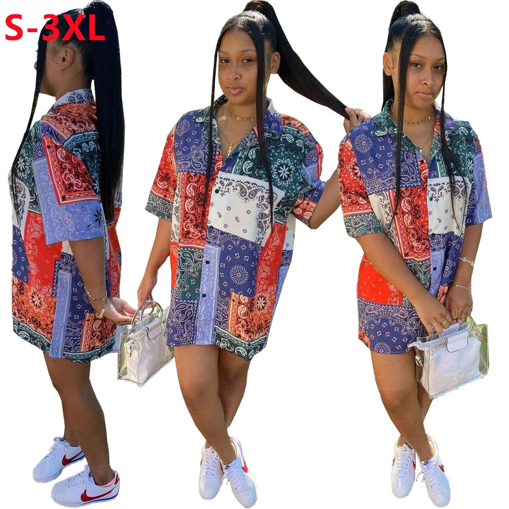 

2021 summer hot sale women's dresses short sleeve casual patchwork turn-down collar button loose plus size shirt dress for women, Customized color