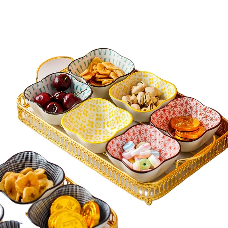 

2Pcs Customized Two Handles Metal Tray with Ceramic Snack Serving Plate Set, Black/blue