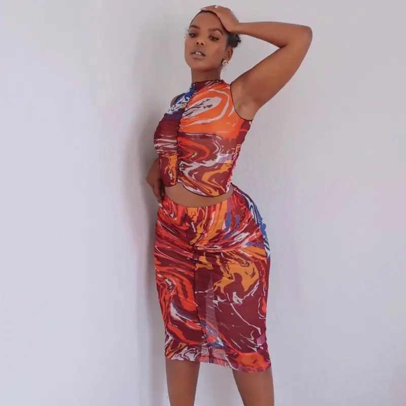 

2021 New arrival women sexy sleeveless top and skirt two piece set women ladies clothing