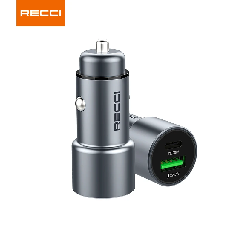 

Recci New Arrival type c PD 20W 42.5W fast charging aluminum metal USB car charger adapter for universal mobile phone