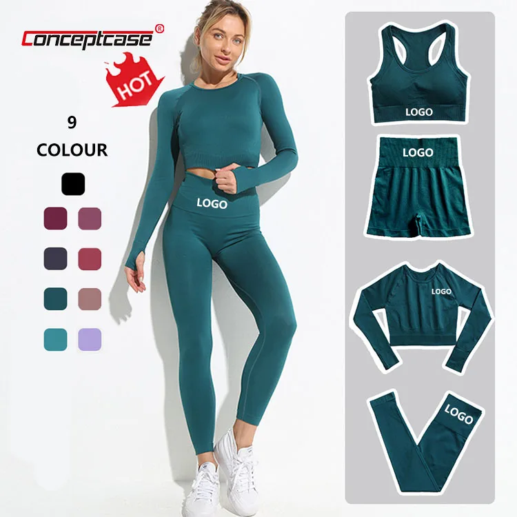 

Gym High Waist Fitness Active Wear Lady Bra Workout Clothes Ropa Deportiva Long Sleeve Sportswear Women Ribbed Seamless Yoga Set