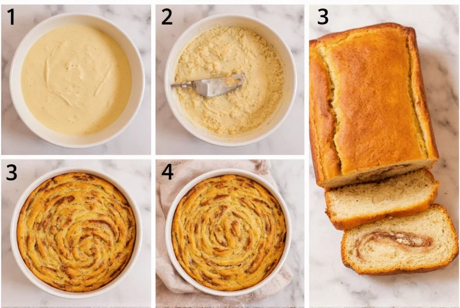 Step-by-step process of making cinnamon bread with visible cinnamon swirl layers in a golden brown loaf