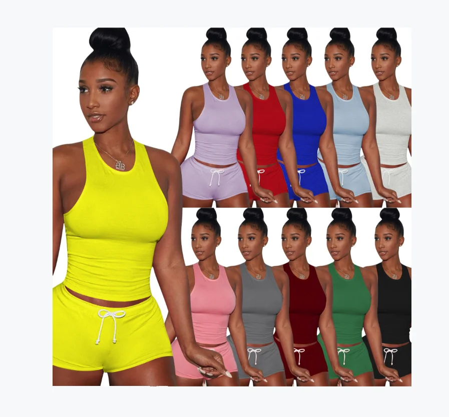 

Wholesale women's shorts summer solid color two piece set booty yoga shorts women, Picture