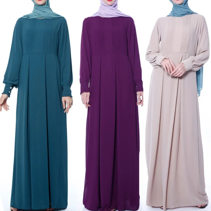 

new latest muslim casual pure color round neck abaya pleated chiffon fabric long sleeve maxi dress abaya, Blue, purple, khaki