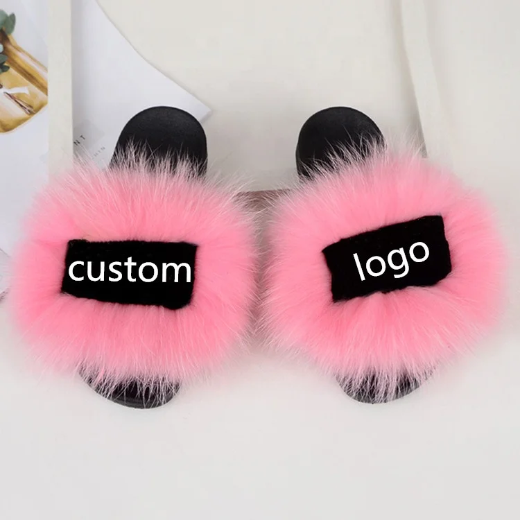 

Custom cheap women plush fox fur slippers slides