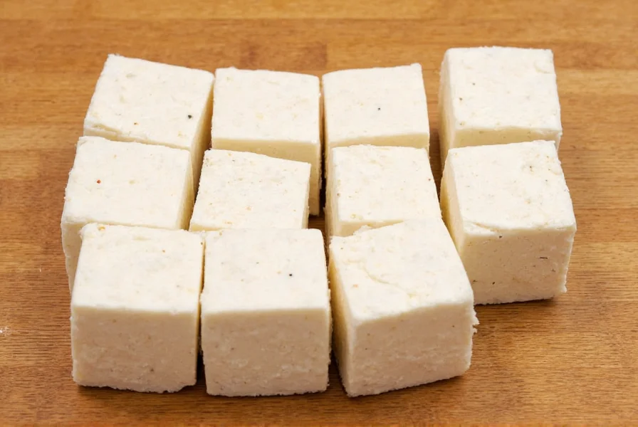 Pressed tofu blocks cut into uniform cubes ready for coating with cornstarch for salt and pepper tofu recipe