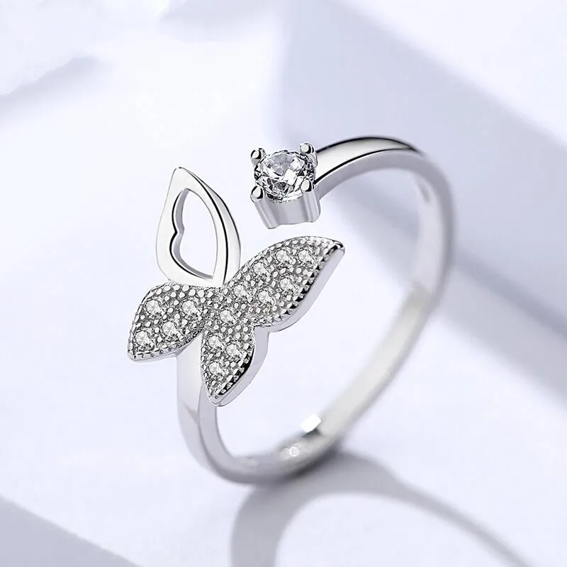 

925 silver simple and sweet rhinestone butterfly shaped opening ring for women silver plated Jewelery, Picture shows