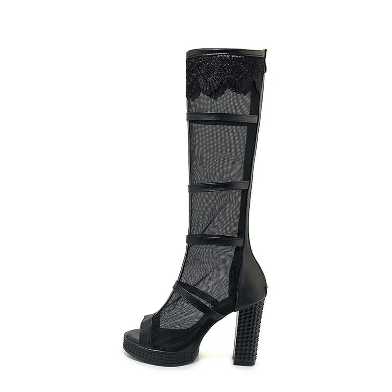 

Anti Slippery Open Toe Air Mesh Breathable Knee High Boot Sandals New Design, Black white