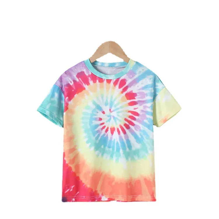 

Tie Dye Kids T-shirt 2022 Styles Summer Casual Short Sleeve Baby Girl Tops High Quality Kids Clothes Wear, White.biege