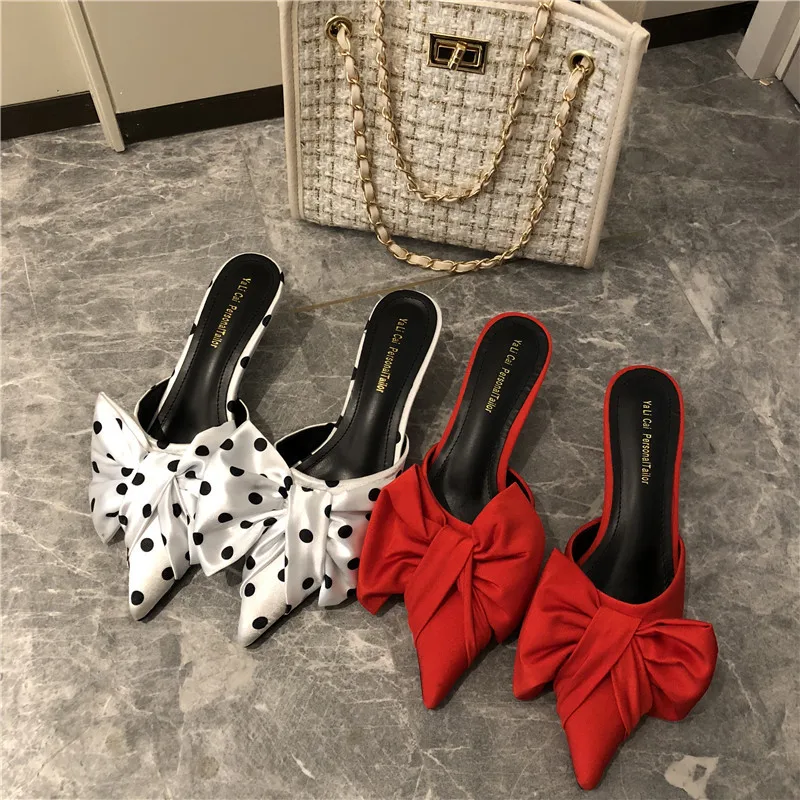 

Semi-high Heeled Dotted Slipper Spring Women's Korean-style Pointed-Toe Polka Dot Bow Thin Heeled Slipper 2022 New Style, As pictures