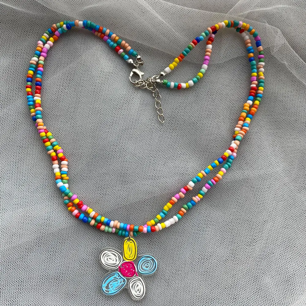 

Korea Summer Double Layer Resin Bead Necklace Ideas Pendant Necklace Jewelry Butterfly Flower Fun Graffiti Necklace, Colorful
