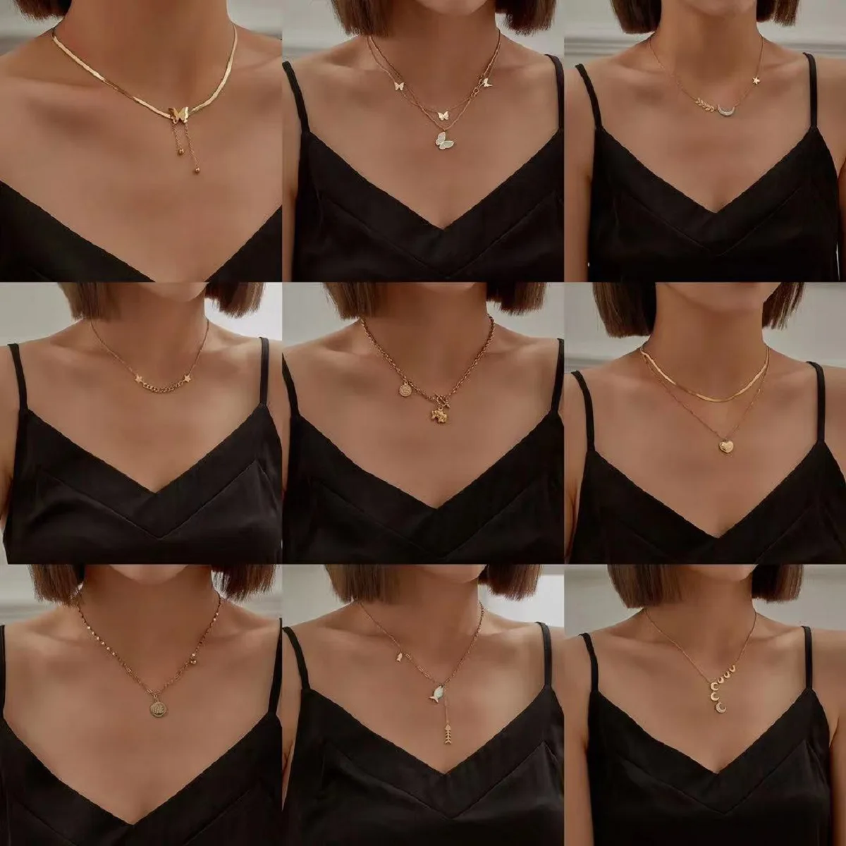

Factory direct sale women Snake chain butterfly shell jewelry Double layer 18k stainless steel necklace 2021, Golden