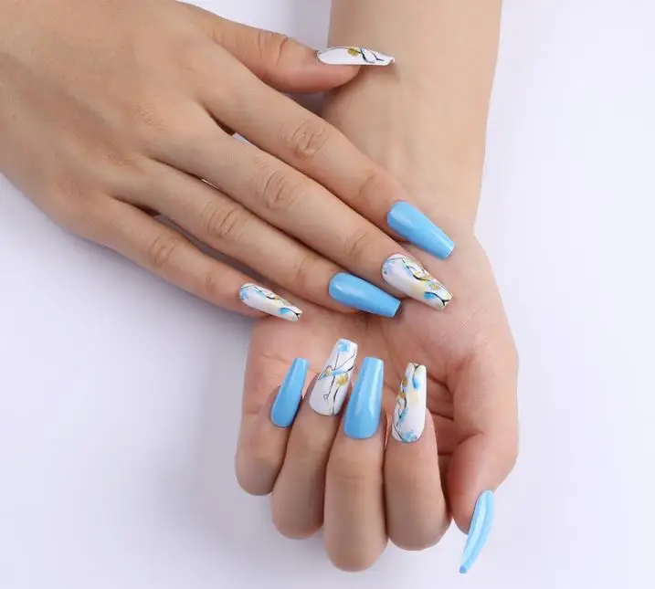 

24Pcs Long Ballerinas Coffin Blue Figure Painting Wearable Removable Artificial Fingernails