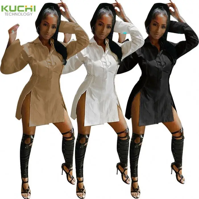 

Turndown Collar Blouse Mini Dress For Women's Split Dress Shirt High Waist Button Down Dress, As picture