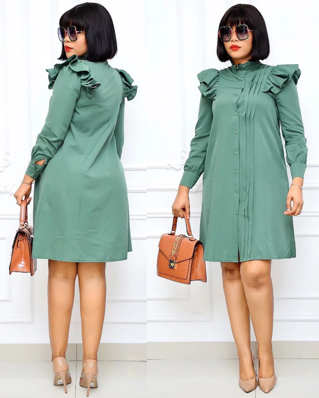 

European and American trend large size dresses lotus leaf OL office shirt dresses, As showed