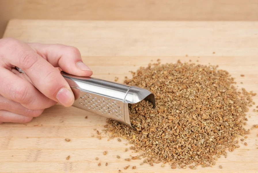 Wooden spice rack with various whole spices including nutmeg seeds next to different grating tools