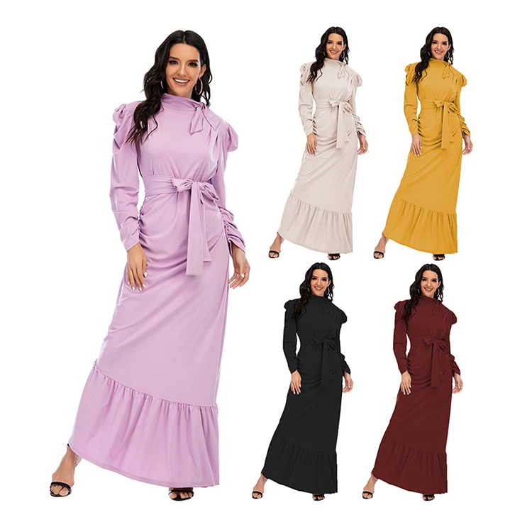 

Modest Fashion Muslim Turkish Islamic Clothing With Belt Slim Fit Ruffles Women Dress Dubai Abaya, 5 colors in stock also accept customized color