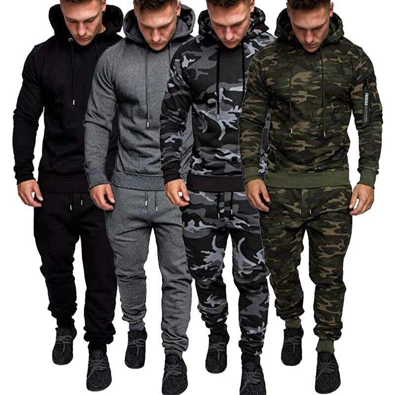 

oem designer custom print camo camouflage or solid sports hoodie tracksuit sweatsuit men track sweat suit, 4 colors