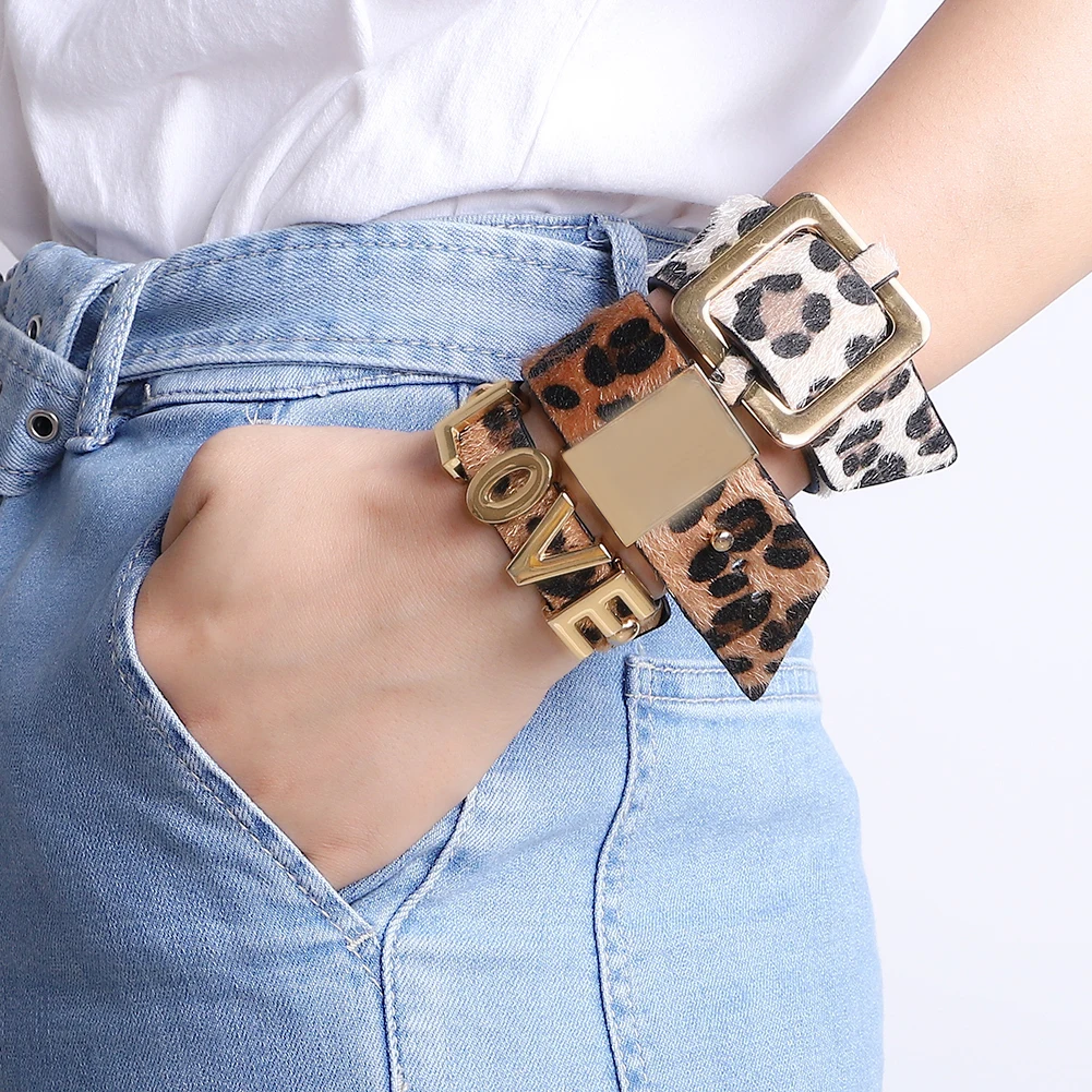 

Barlaycs Fashion Charm Vintage Boho Custom Magnetic Leopard Leather Wrap Bangle Bracelet for Women Ladies Jewelry
